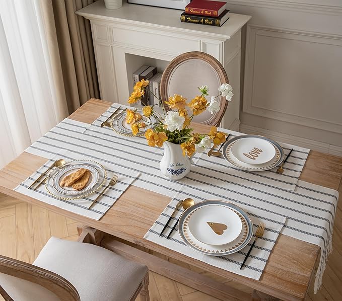 Caflife Boho Farmhouse Placemats Set of 6, Grey Stripes Cotton Linen Woven Table Mats for Modern Dining Table, 13x19 Inch Rustic Kitchen Decor Place Mats