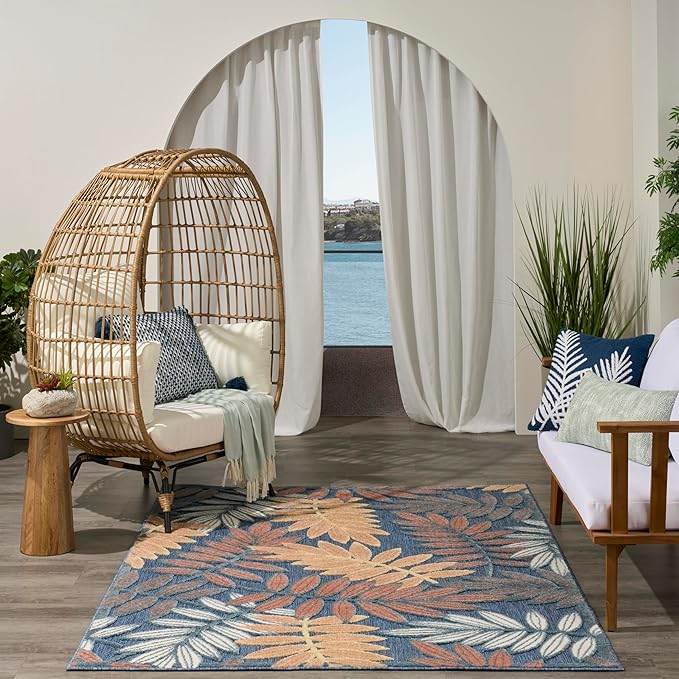 Nourison Home Aloha Blue Rose 5'3" x 7'5" Area Rug - Easy Clean, Non Shedding, Bed Room, Living Room, Dining Room, Kitchen (5' x 8')