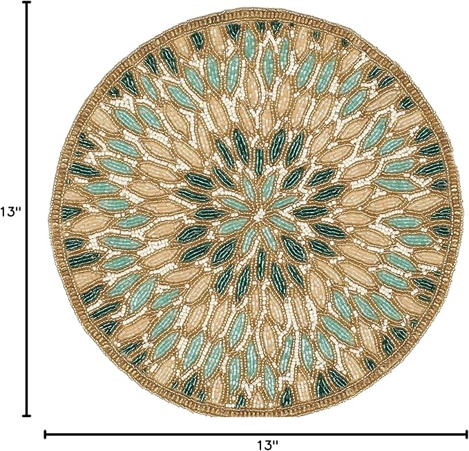Beaded Placemats – 13'' Round Floral Marigold Design in Gold & Green, Decorative Beaded Charger for Dining Table, Perfect for Holidays & Christmas Bedding Craft