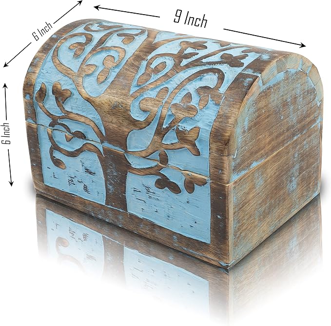Great Birthday Gift Ideas Handmade Decorative Wooden Jewelry Box With Tree of Life Carvings Jewelry Organizer Keepsake Box Treasure Chest Trinket Holder Watch Box Storage Lock Box (Blue Wash Finish)