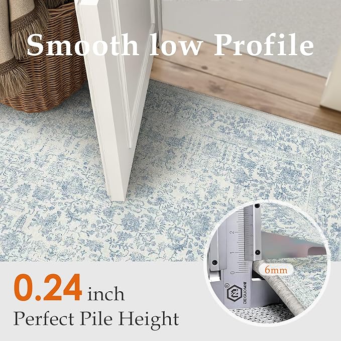 PureCozy Blue Runner Rug 3x14 Hallway Machine Washable Kitchen Vintage Distressed Non Slip Long Carpet Indoor Retro Floral Bedroom Accent Throw Rug for Bathroom Office Laundry Dining Living Room