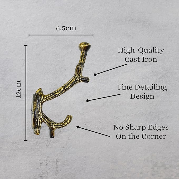 Set of 3 Cast Iron Tree Branch Shape Coat Hooks Wall Art Decor-Branch Shape Hangers and Key Holder-Clothes Rack and Backpack Hanger-Coat Hooks Home Decor for Storage,Living (Brass Antique)