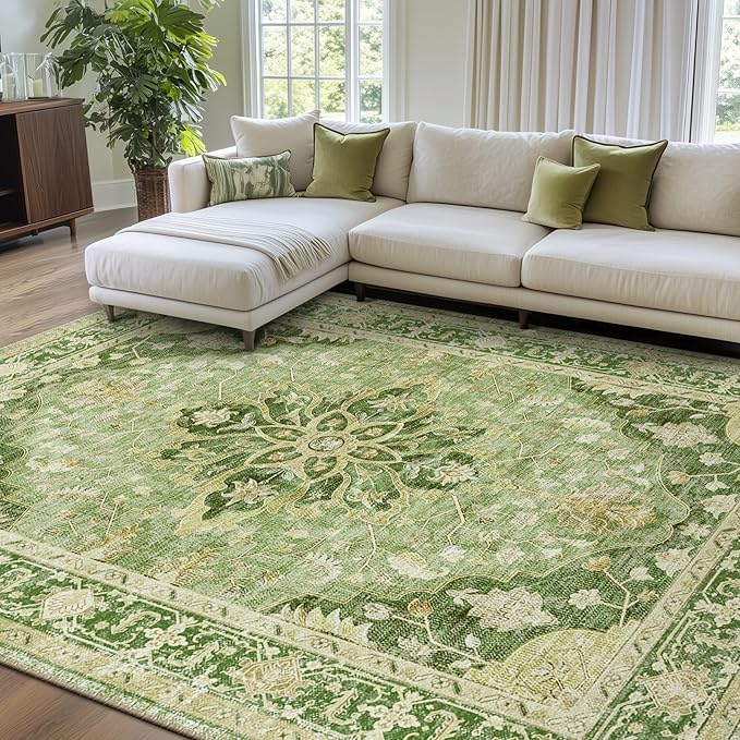 RELEANY Area Rugs 6'x9' Washable Non-Slip, Floral Vintage Distress Print Pattern Medallion Carpet for Living Room Bedroom Dining Room, Sage Green Yellow