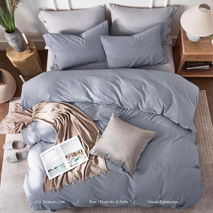 JELLYMONI Cotton Duvet Cover Twin Size - Blue Vertical Pinstriped Comforter Cover with Button 100% Washed Cotton 2PCS Breathable Soft Solid Bedding Set Duvet Cover 68×90in & 1 Pillowcase (NO Insert)