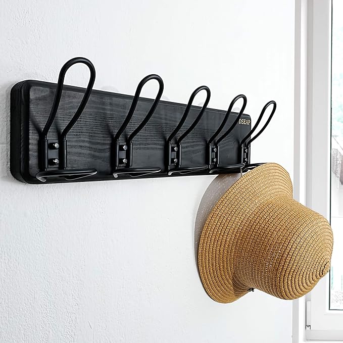 Dseap Coat Rack Wall Mounted - Heavy Duty Farmhouse Rustic Wall Coat Hanger With 5 Wire Hooks for Clothes Hat Jacket Towel, RusticWire, G25A, Black, Pack of 2
