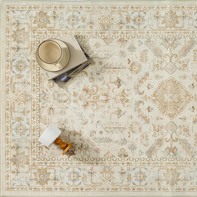 PureCozy 2x6 Beige Runner Rug Vintage Area Carpet Hallway Indoor Kitchen Washable Low Pile Traditional Distressed Retro Accent Throw Boho Rug Non Slip for Laundry Bathroom Office