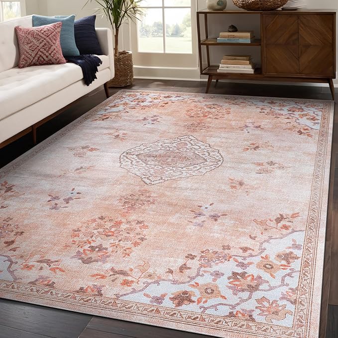 Beverly Rug Non Slip Rugs 6x9 Boho Medallion Floral Non Skid Rubber Backing Easy Silk Soft Area Rug for Living Room Easy to Clean Non Shedding Kitchen Bedroom Indoor Carpet (6 x 9 Pink - Aqua)