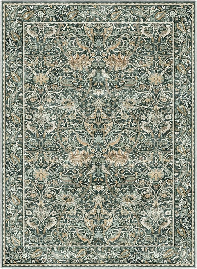 Fortsea 5x7 Indoor Area Rug in Dark Green, Machine Washable Thin Rug Non-Skid Backing, Vintage Style Living Room Bedroom Office Carpet（5x7 Dark Green）