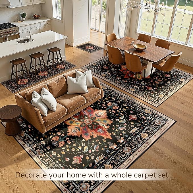 RELEANY Area Rugs 5'x7' Washable Non-Slip, Floral Vintage Distress Print Pattern Medallion Carpet for Living Room Bedroom Dining Room, Black Colorful Floral Dark Tan