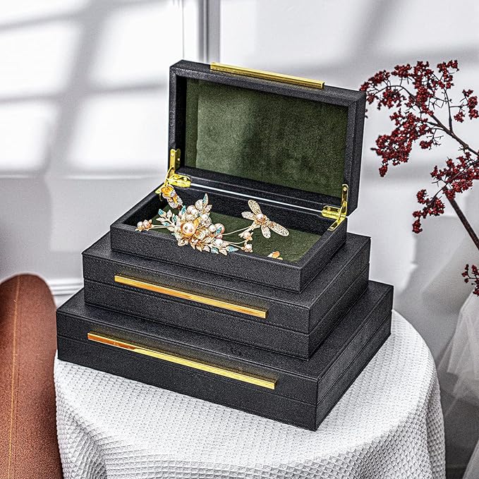 XINSTAR Faux Black Shagreen Leather Decorative Boxes,Decorative Storage Boxes With Lids 3 Pcs Set,Storage Boxes Jewelry Organizer,Women'S Accessory Organizer Men'S Jewelry Organizer