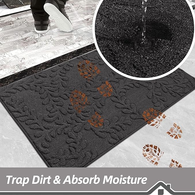 BEQHAUSE Dirt Trapper Door Mats 24”x36”, Non-Slip TPR Backing Dog Doormat, Super Absorbent Welcome Mat for Front Door, Muddy Shoes & Paws, Washable Entry Rugs, Dark Grey