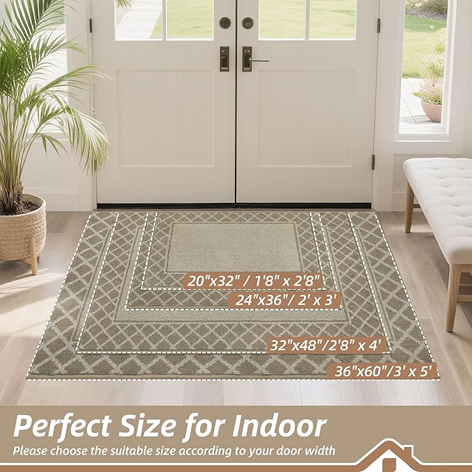 BEQHAUSE Door Mat Dirt Trapper Non Slip Entryway Rugs Absorbent Welcome Mat Low Profile Washable Front Door Mat for Muddy Paws,Entrance,Hallway, 20" x 32", Beige