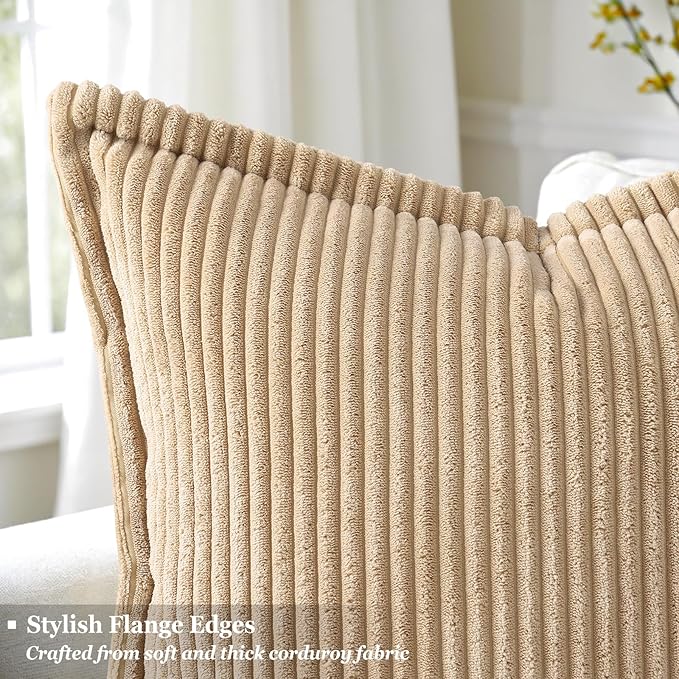 decorUhome Spring Corduroy Light Brown Euro Sham Throw Pillow Covers 26x26 Set of 2 Decorative Soft Boho Farmhouse Couch Pillow Covers for Living Room Bed Sofa Broadside Striped Pillow Cases