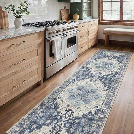 BESBLEE 2'6''x8 Runner Rugs for Hallway, Machine Washable Non Slip Vintage Rugs, Low Pile Lightweight Soft Print Rug for enrtyway, Corridor, Home Office, Kitchen, Center Blue