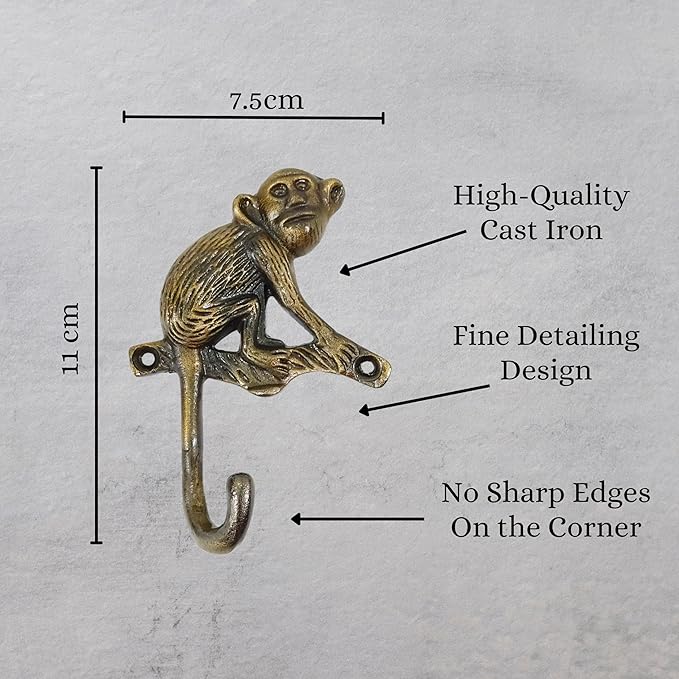Set of 3 Cast Iron Monkey Shape Coat Hooks Wall Art Decor-Monkey Shape Hangers and Key Holder-Clothes Rack and Backpack Hanger-Coat Hooks Home Decor for Storage,Living Room (Antique Finish)