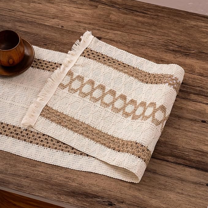 Niviy Boho Table Runner with Tassels 12 x 48 Inches Long, Cream & Brown Rustic Farmhouse Table Runner with Tassels for Home Kitchen Holiday Party and Wedding Decor Runner