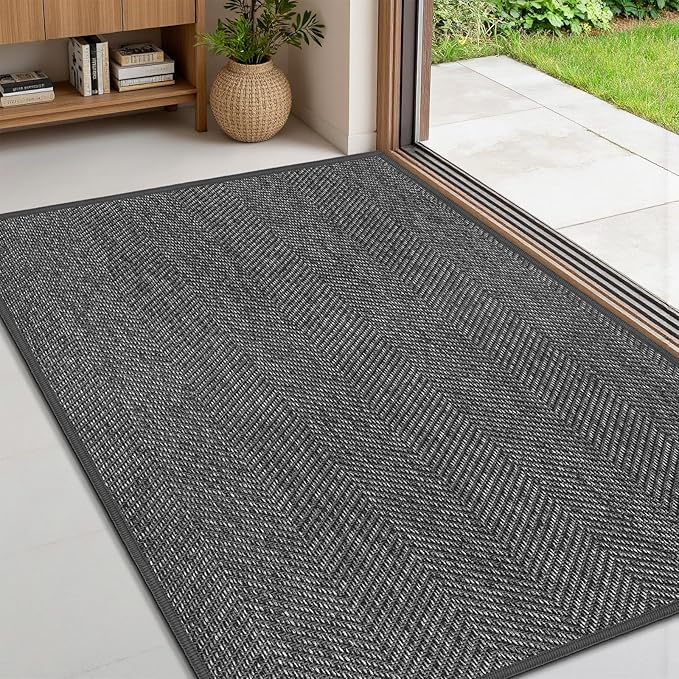 ENHASIV Ultra Thin Indoor Door Mat 24"x36", Washable Door Mat Indoor Entrance, Non Slip Rubber Backing Doormat Low-Profile Inside Entryway Mat, Unique Herringbone Design Entry Mat, Dark Grey (FOLD)