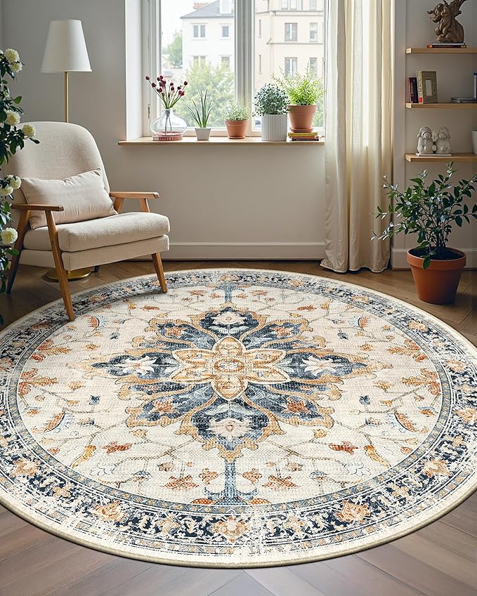 RELEANY Area Rugs 6ft Washable Non-Slip, Floral Vintage Distress Print Pattern Medallion Carpet for Living Room Bedroom Dining Room, Beige Navy Blue Orange Colorful