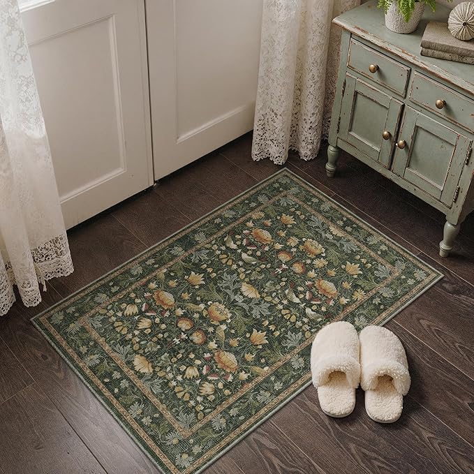 Bavni Boho 2x3 Washable Entryway Rug, Botanical Vintage Bird Door Mat Non Slip, Low Pile Soft Thin Olive Green Carpet Stain Resistant, Small Floral Area Rugs for Bedroom, Bathroom, Laundry, Kitchen