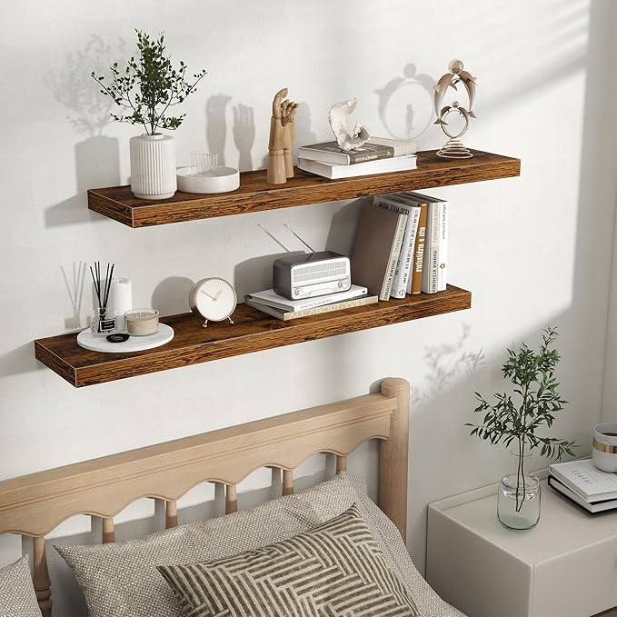 Fun Memories Floating Shelves for Wall, Rustic Wood Wall Mounted Shelves for Bathroom, Bedroom, Living Room and Kitchen, Storage & Home Decor (Set of 2, Brown, 40 in)