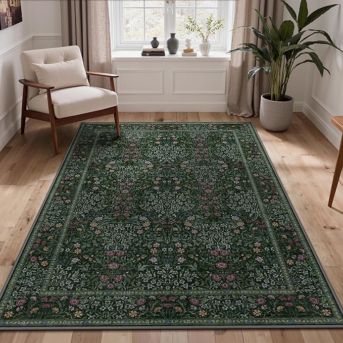 GENIMO 5x7 Area Rug for Living Room, Washable Vintage Floral Low-Pile Non-Slip Carpet for Bedroom Dining Room, Stain Resistant Botanical Accent Rug (Dark Green)