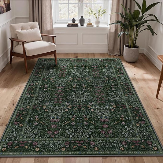 GENIMO 5x7 Area Rug for Living Room, Washable Vintage Floral Low-Pile Non-Slip Carpet for Bedroom Dining Room, Stain Resistant Botanical Accent Rug (Dark Green)