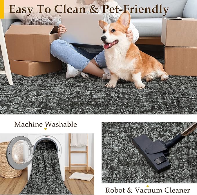PureCozy Dark Black Area Rug 6x9 Machine Washable Vintage Living Room Distressed Non Slip Carpet Traditional Indoor Bedroom Retro Floral Accent Throw Large Rug for Office Kitchen Dining Room