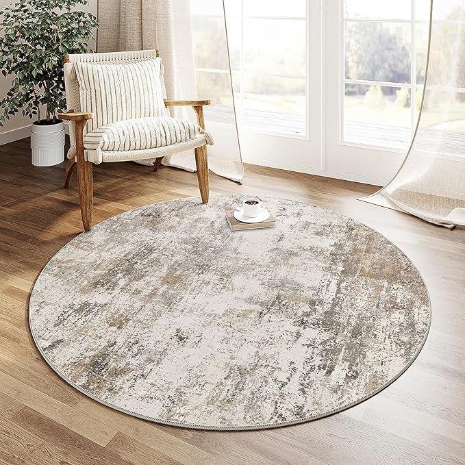 WondRg 3x3 Washable Round Rug Brown Grey Abstract Entryway Area Rug Neutral Modern Non Slip Soft Low Pile Small Carpet for Bathroom Kitchen Living Room Bedroom