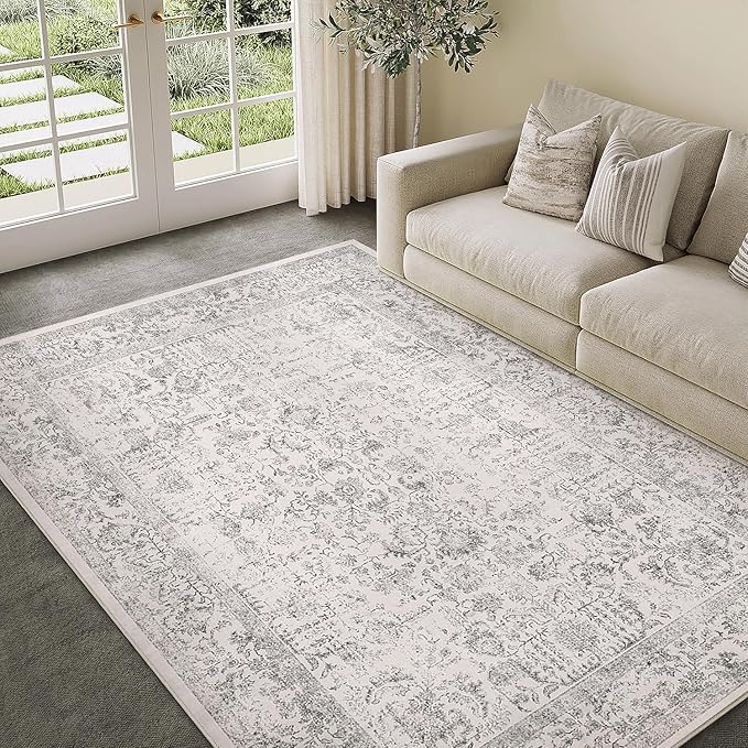 PureCozy Gray Area Rug 6x9 Machine Washable Vintage Living Room Distressed Non Slip Carpet Traditional Indoor Bedroom Grey Retro Floral Accent Throw Large Rug for Office Kitchen Dining Room
