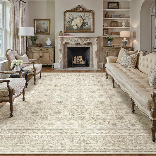 PureCozy 8x10 Area Rug Machine Washable Living Room Bedroom Vintage Distressed Non Slip Carpet Indoor Large Low Plie Thin Beige Dining Room Office Retro Accent Throw Rug