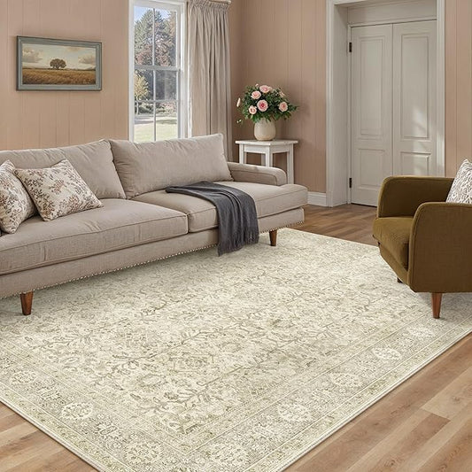 PureCozy Vintage Area Rug 4x5 Beige Entryway Office Washable Carpet Non Slip Bedroom Indoor Living Room Door Mat Low Pile Traditional Distressed Retro Accent Rug for Dining Room Bathroom Kitchen