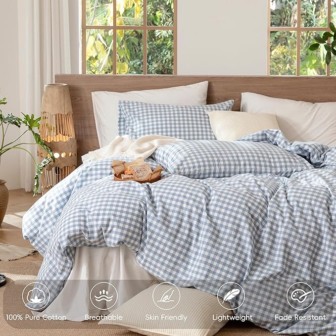 MooMee Gingham Duvet Cover Set 100% Washed Cotton Linen Like Textured Breathable Durable Soft Comfy Modern Checkered Design (Classic Gingham Cornflower Blue, Queen 90"x90")
