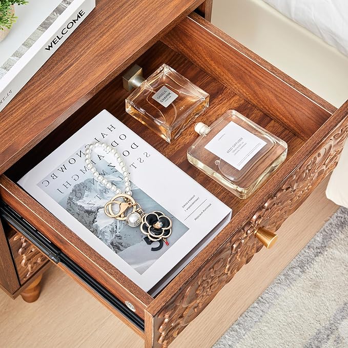 Nightstand, Farmhouse Bedside Table with 2 Drawers and Metal Handles, Wood Sofa Side Table End Table Accent Dresser for Bedroom, Living Room (Walnut) (15.75 x 16.02 x 18.15 Inch)