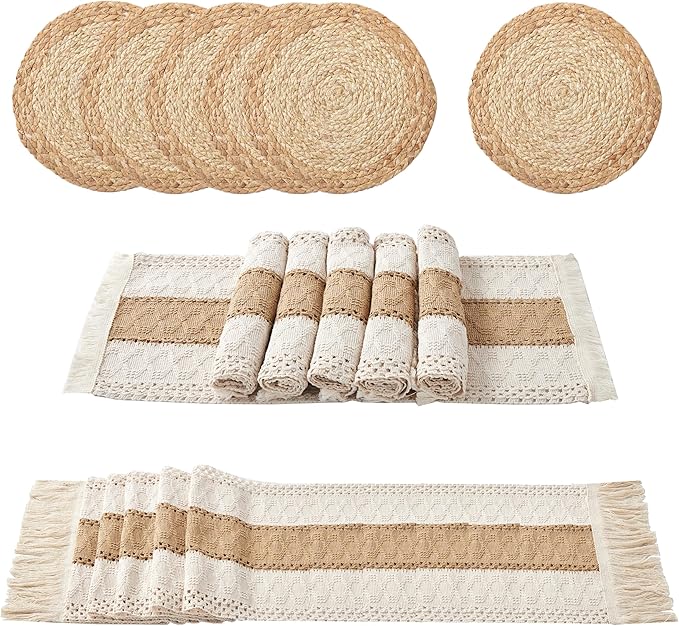 Denique Boho Placemats Set of 13 PCS - Handmade Grass Woven Meal Mats and Natural Cotton Linen Burlap, with 1 Macrame Burlap Table Runner 12x70inch, Table Mats Set for Dining Table Kitchen