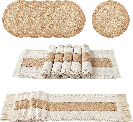 Denique Boho Placemats Set of 13 PCS - Handmade Grass Woven Meal Mats and Natural Cotton Linen Burlap, with 1 Macrame Burlap Table Runner 12x70inch, Table Mats Set for Dining Table Kitchen