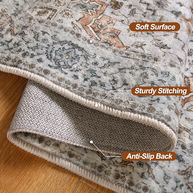 Tangsoo 5x7 Area Rug Washable Rug for Living Room, Vintage Indoor Non Slip Large Area Rugs, Print Distressed Grey Carpet, Soft Low Pile Rug Foldable Floor Rugs for Bedroom Dining Room Dorm