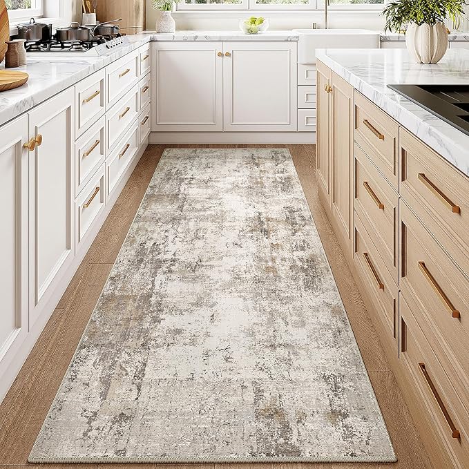 WondRg 2x6 Washable Runner Rug Brown Grey Abstract Hallway Kitchen Throw Rug Neutral Modern Non Slip Soft Low Pile Carpet for Bathroom Laundry Bedroom Living Room