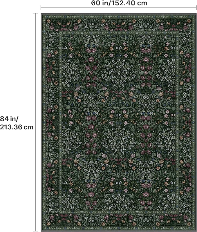GENIMO 5x7 Area Rug for Living Room, Washable Vintage Floral Low-Pile Non-Slip Carpet for Bedroom Dining Room, Stain Resistant Botanical Accent Rug (Dark Green)