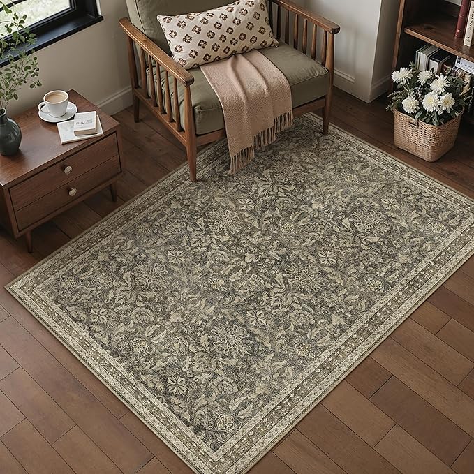 PureCozy Brown 3x5 Area Rug Washable Entryway Office Vintage Carpet Indoor Non Slip Small Low Plie Thin Bedroom Kitchen Rug Retro Accent Throw Living Dining Room Bathroom