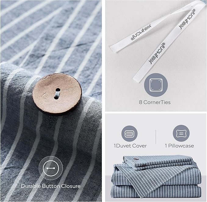 JELLYMONI Cotton Duvet Cover Twin Size - Blue Vertical Pinstriped Comforter Cover with Button 100% Washed Cotton 2PCS Breathable Soft Solid Bedding Set Duvet Cover 68×90in & 1 Pillowcase (NO Insert)