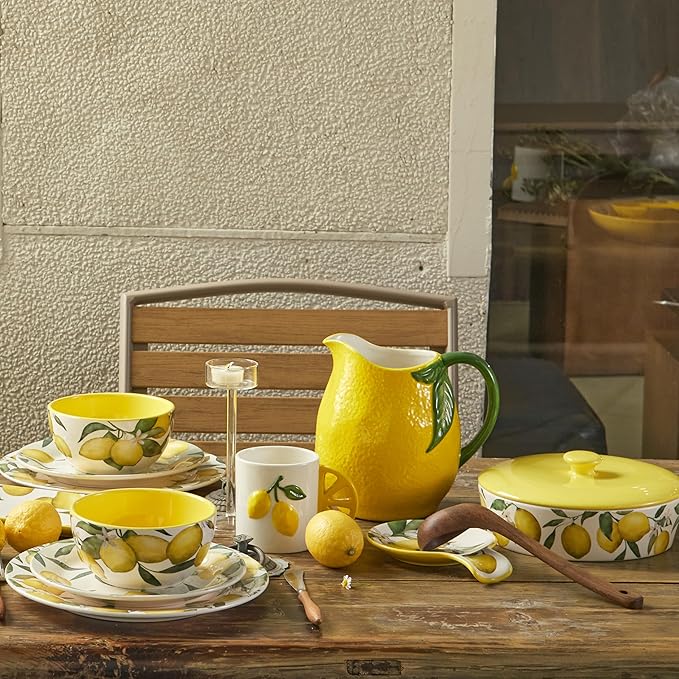 Bico Lemon Shape Cute Handpainted Stoneware Pitcher, Microwave & Dishwasher Safe, Jug for Water, Drinks, Mocktails