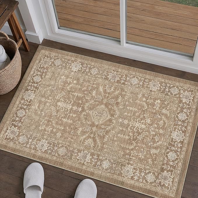PureCozy 2x3 Brown Entryway Rug Vintage Area Carpet Indoor Kitchen Washable Door Mat Entrance Small Low Pile Traditional Distressed Retro Accent Throw Boho Rug Non Slip Office Bathroom