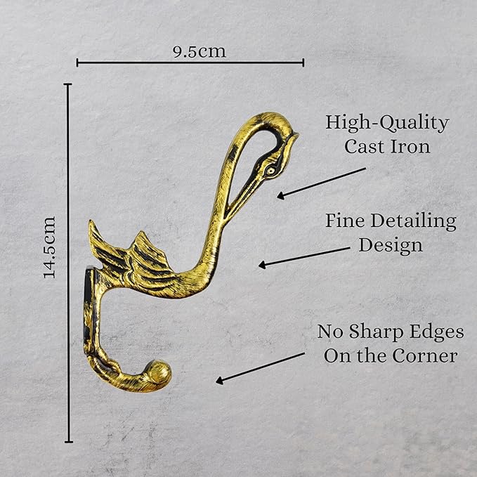 Set of 3 Cast Iron Pelican Shape Coat Hooks Wall Art Decor-Pelican Shape Hangers and Key Holder-Clothes Rack and Backpack Hanger-Coat Hooks Home Decor for Storage,Living Room (Brass Antique)
