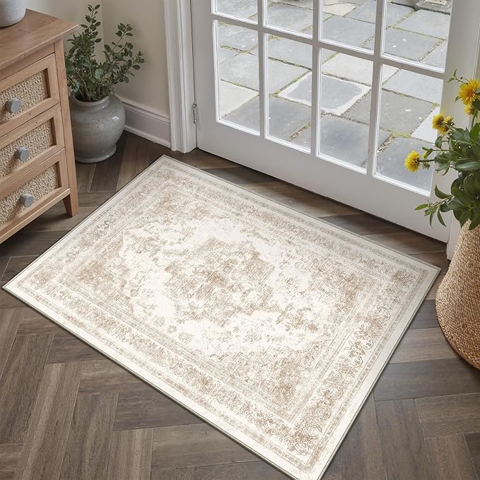 PureCozy Area Rug 2x3 Cream Washable Entryway Vintage Medallion Beige Carpet Non Slip Low Pile Soft Doormat Distressed Retro Indoor Small Rug for Kitchen Bedroom Laundry Bathroom