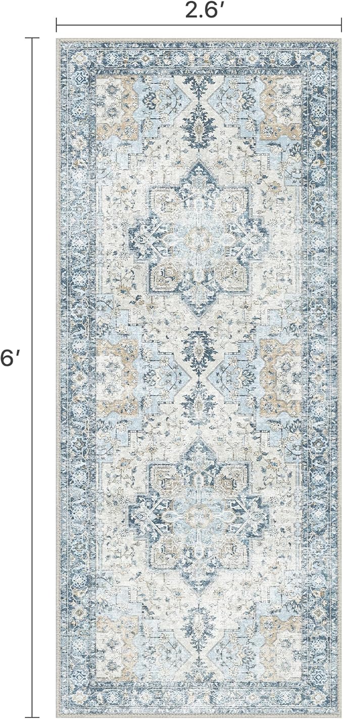BESBLEE Runner Rug 2'6''x6, Non Slip Vintage Hallway Runner Rugs, Machine Washable Runners, Low Pile Lightweight Mat for Entryway, Hallway, Kitchen and Corridor, Blue