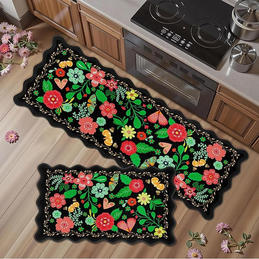 Scalloped Black Kitchen Mats for Floor 2PC Cushioned Anti Fatigue Kitchen Mats Rugs Waterproof Non Slip Farmhouse Boho Floral Comfort Foam Standing Mat for Sink Laundry