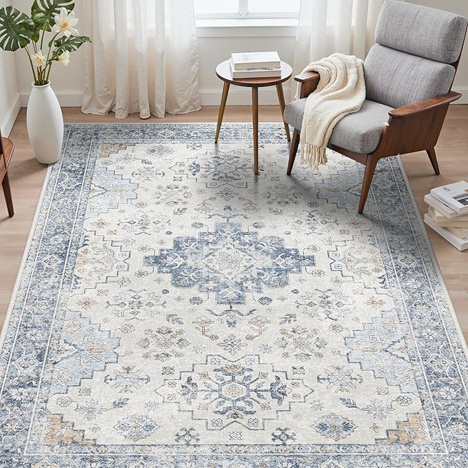 GENIMO 5x7 Area Rugs for Living Room,Machine Washable Non-Slip Vintage Rug, Low Pile Lightweight Carpet for Bedroom, Dining Room, Home Office, Stain & Fade Resistant,Blue