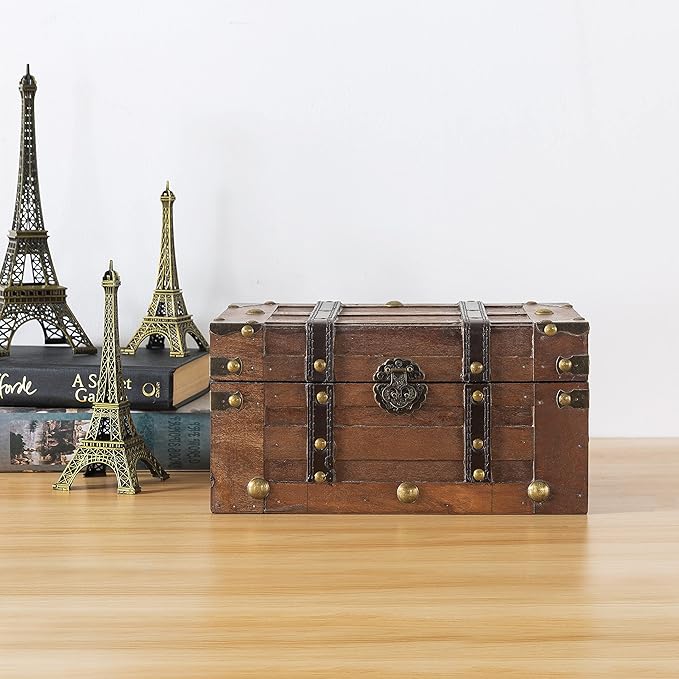 SLPR Alexander Small Wooden Treasure Chest - 11" x 7" x 5.5", Wood Storage Box with Hinged Lid, Decorative Trunk for Keepsakes, Vintage Pirate Chest for Classroom