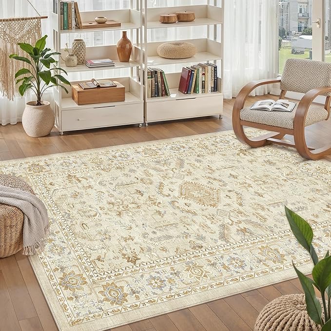 PureCozy 3x5 Beige Entryway Rug Vintage Area Carpet Indoor Office Washable Door Mat Entrance Small Low Pile Traditional Distressed Retro Accent Throw Boho Rug Non Slip Kitchen Bathroom