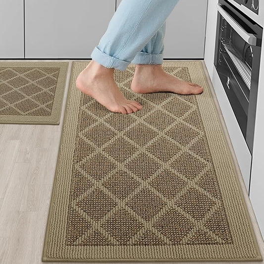 COSY HOMEER Kitchen Mats, 2 PCS Kitchen Rug Non Slip Washable, Absorbent Runner Rugs for Kitchen Floor, 100% Polypropylene Kitchen Sink Rug 20"x32" + 20"x48"(Beige)